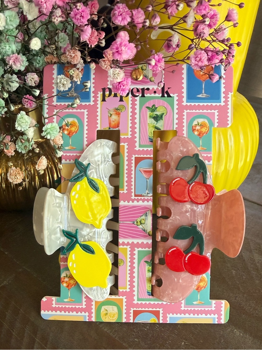 Piper K Fruity Acrylic Hair Claw Clips - Lemon & Cherry NIP